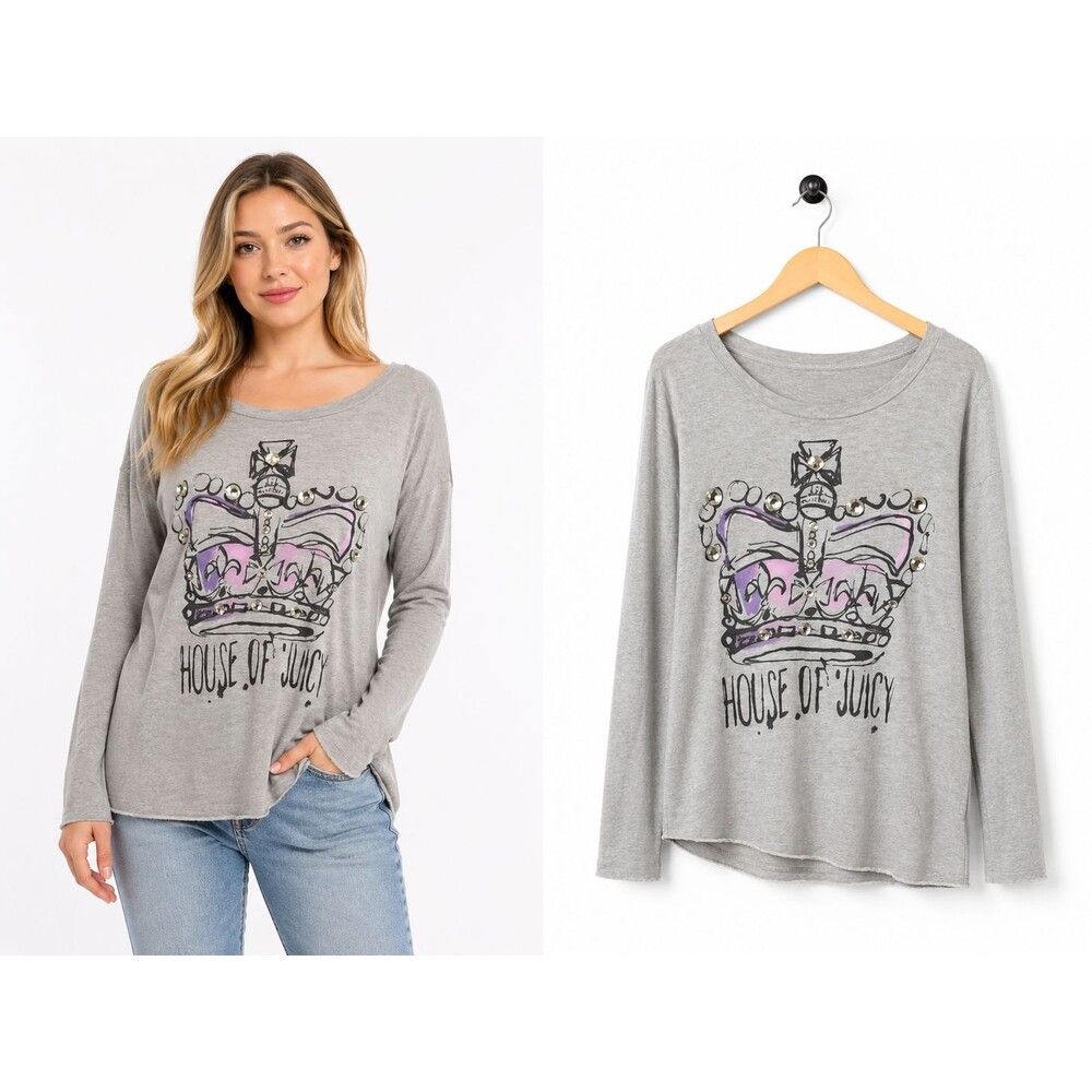 Juicy Couture Bling T Shirt Top Long Sleeve Size Medium Gray Low Scoop Back